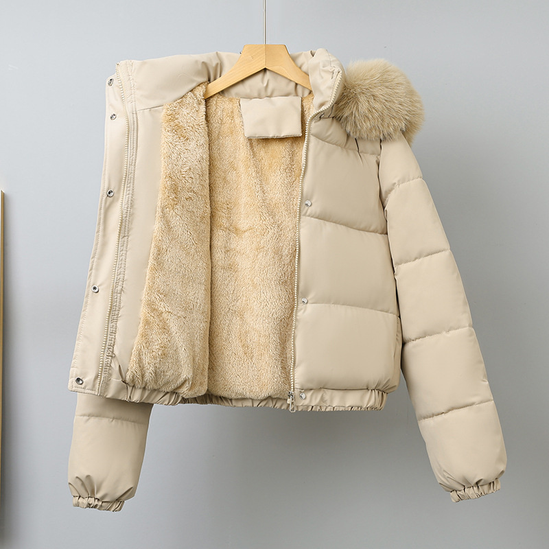 Wool Coat Peacoat - 冬のショートパーカー女性の綿入りの服追加ベルベット厚みのアウターファーの襟取り外し可能なフード付きコート暖かいジャケット