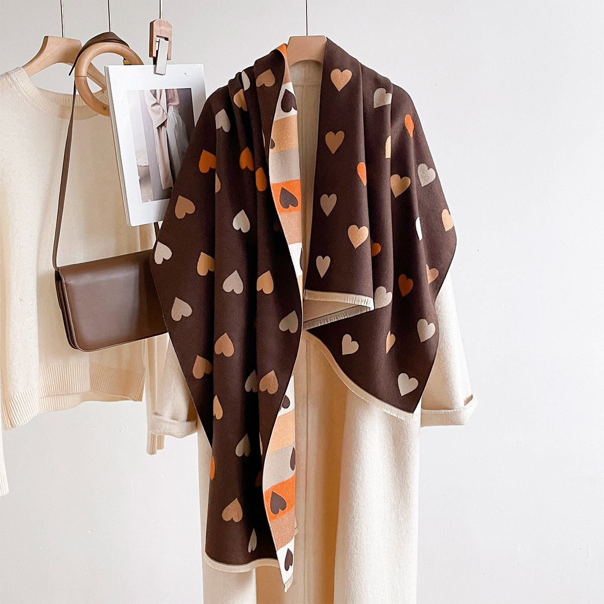 Cashmere Pashmina Wrap - イミテーションカシミヤ暖かいスカーフ レディース フリンジ付き 厚手ショール リバーシブル 冬用プリントスカーフ