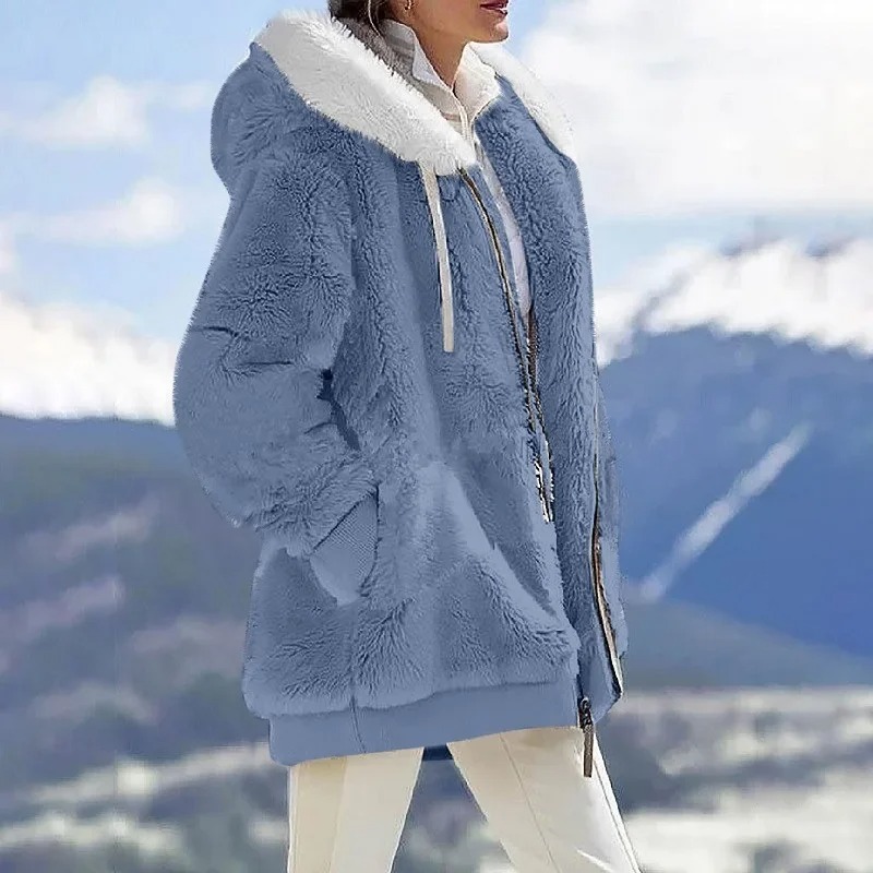 Wool Coat Peacoat - 2025年冬用暖かいレディースジャケット、プラッシュカジュアルルーズフリース、格子柄Y2Kフード付きジッパーファッション、カシミヤ風暖かい無地オーバーサイズコート
