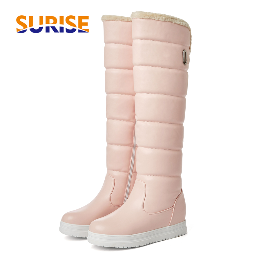 Waterproof Winter Boot - 冬用ファー付きニーハイプラットフォームスノーブーツ、スイートホワイトピンクブラックバックル、ラウンドトゥ、ハイウェッジヒール、レディース、暖かい防水ロングブーツ