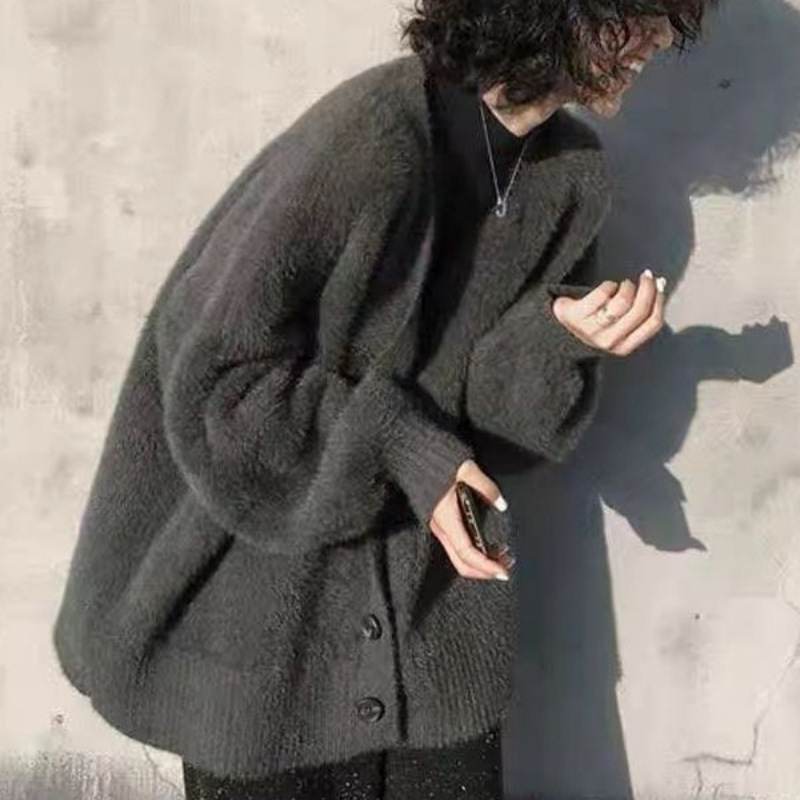 Wool Coat Peacoat - イミテーションミンクフリースセータートップ 新秋冬 ルーズカジュアルニットカーディガンジャケット レディース 厚手暖かいコート