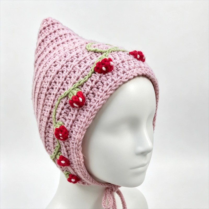 Knit Beanie Hat Warm - 手編みのカラフルなイチゴ柄のニット帽。女性用、カスタムデザイン、キノコ柄、冬用、暖かい、かわいい、幼児用。
