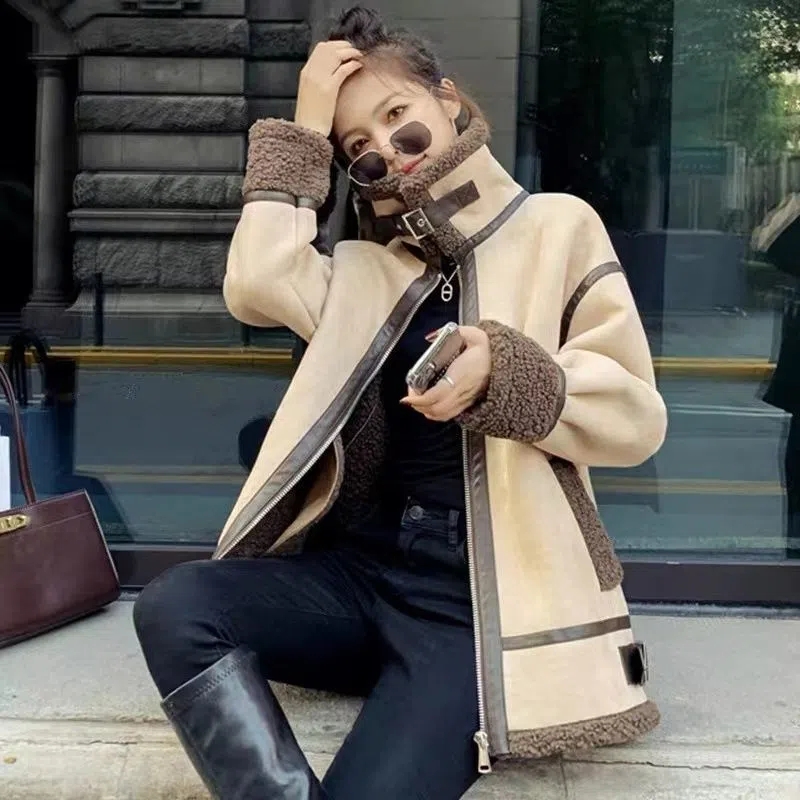 Wool Coat Peacoat - 厚手のラムファーコート,用途が広く,ベルベット,オートバイの服,女性のジャケット,新しい,秋,冬