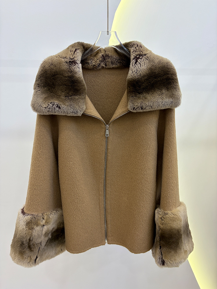 Wool Coat Peacoat - 2026年冬 レディース 本物の天然レックスラビットファー襟付きコート ウールカシミヤジャケット 高級感のある暖かく厚手の女性用コート