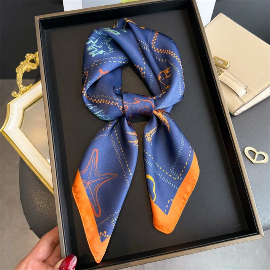 Shawl Wrap Winter - ブループリントシルクスクエアスカーフ女性高級ソフトサテンショールヒジャブネッカチーフ女性ヘアリボンヘッドバンドファッションラップバンダナ