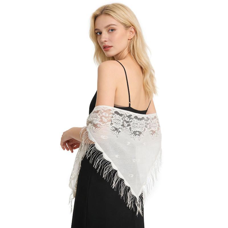 タッセルフリンジ付きブライダルラップ 三角形花柄レースシース - Shawl Wrap Winter のレビューと価格