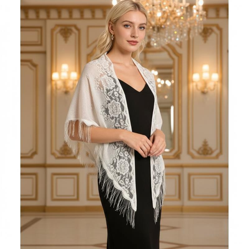 タッセルフリンジ付きブライダルラップ 三角形花柄レースシース - Shawl Wrap Winter のレビューと価格