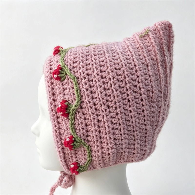 手編みのカラフルなイチゴ柄のニット帽。女性用、カスタムデザイ - Knit Beanie Hat Warm のレビューと価格