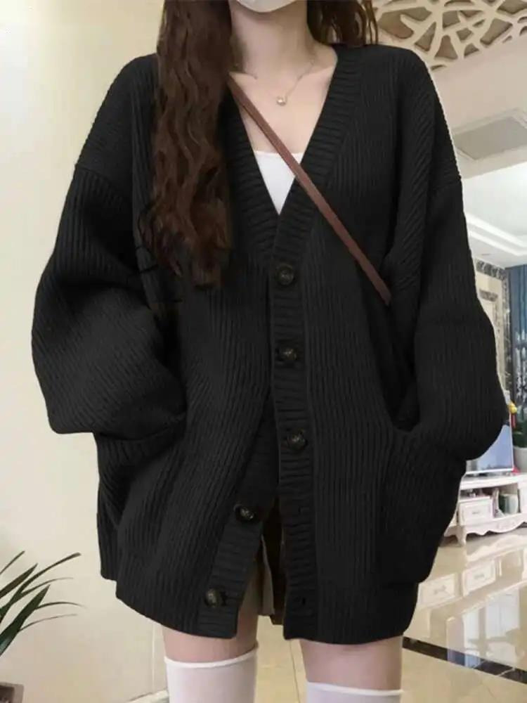 ルーズカーディガン女性長袖 V ネックニット黒だらしないオー - Wool Coat Peacoat のレビューと価格