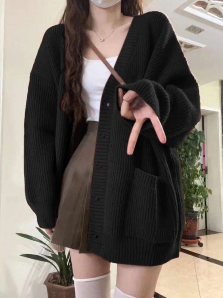 ルーズカーディガン女性長袖 V ネックニット黒だらしないオー - Wool Coat Peacoat のレビューと価格