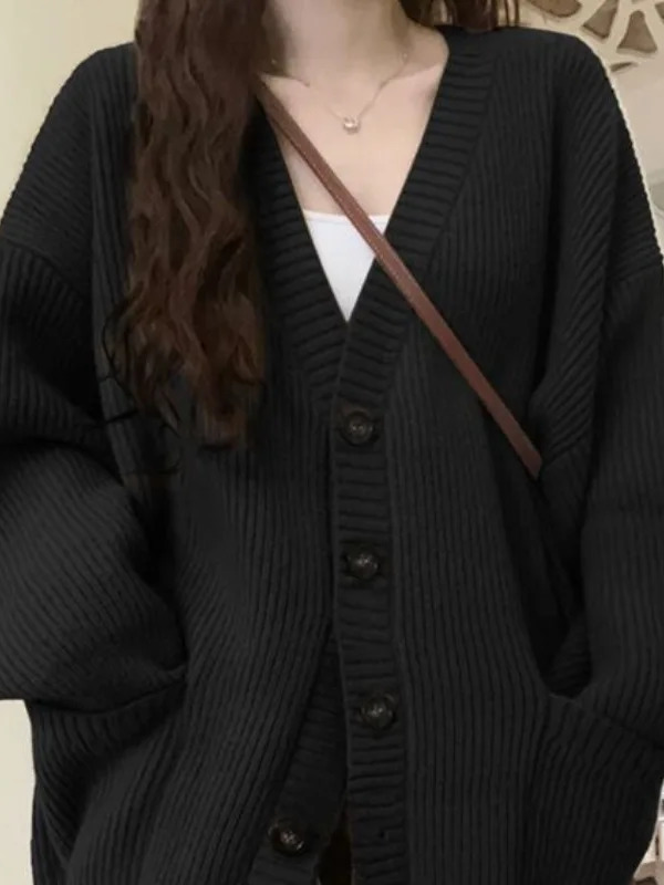 ルーズカーディガン女性長袖 V ネックニット黒だらしないオー - Wool Coat Peacoat のレビューと価格