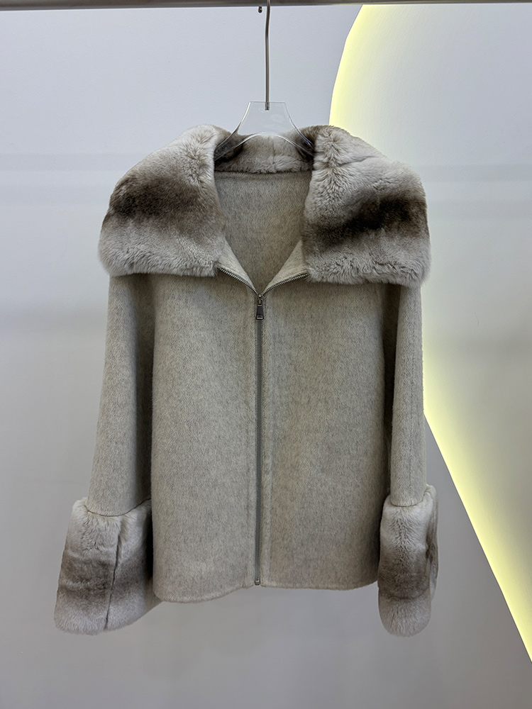 2026年冬 レディース 本物の天然レックスラビットファー襟 - Wool Coat Peacoat のレビューと価格